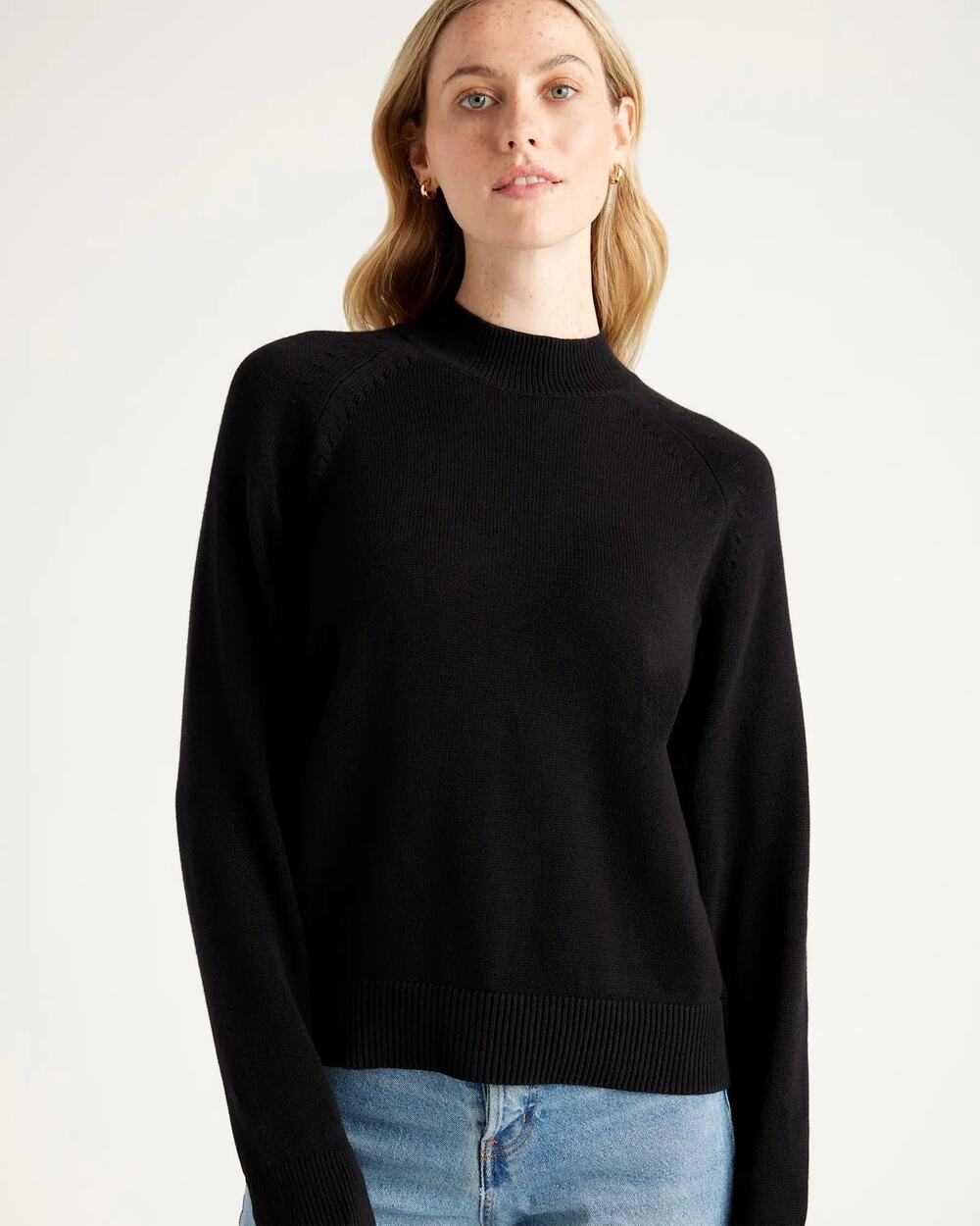 Quince Black MockNeck Classic Organic Cotton Crew Neck Fisherman Sweater Size Sm